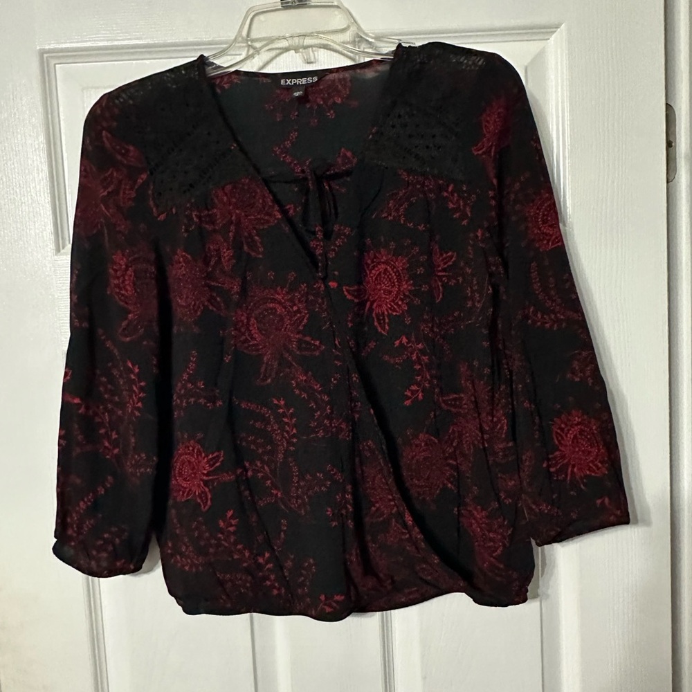 Express  Floral/Medallion Pattern Tie Front Blouse